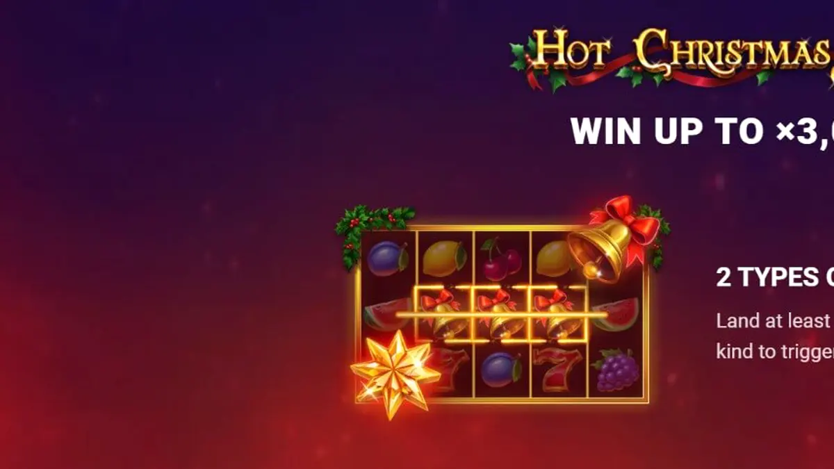 Tampilan visual mesin slot Hot Christmas dengan simbol buah dan dekorasi Natal