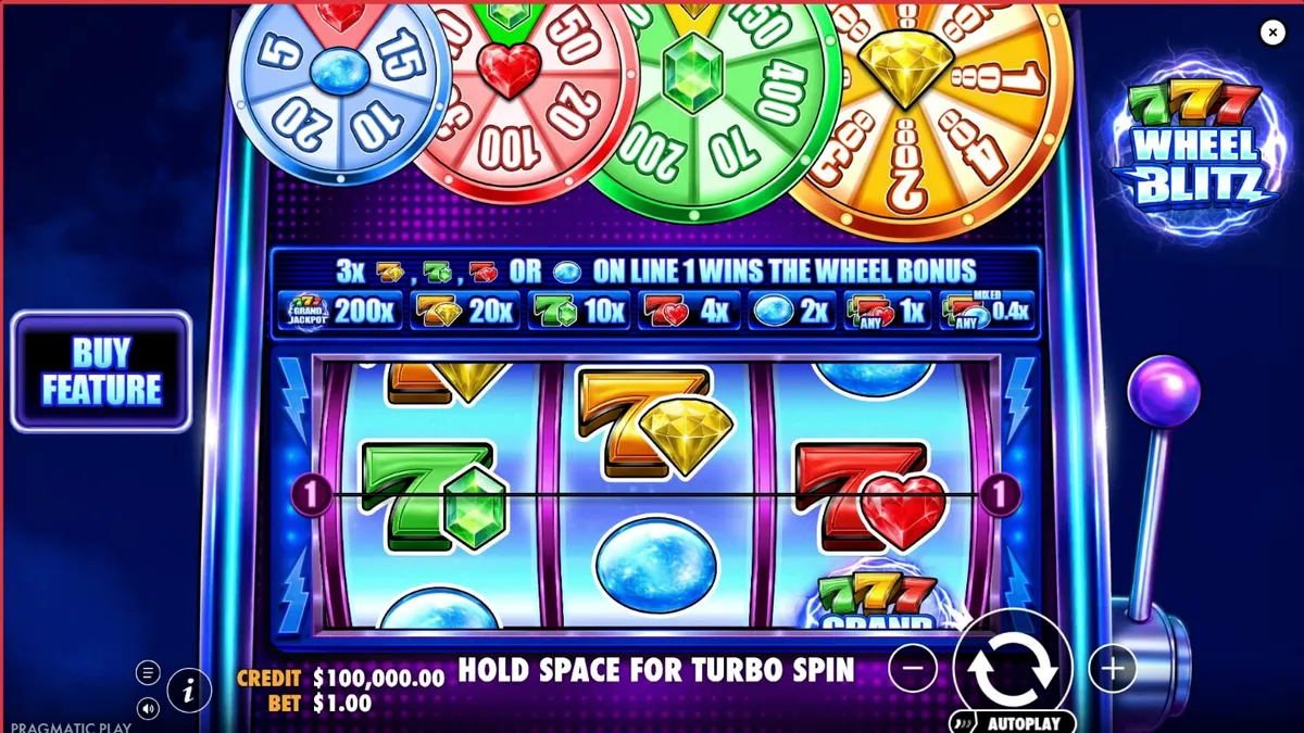 Tampilan visual neon dan simbol angka 7 pada slot 777 Wheel Blitz