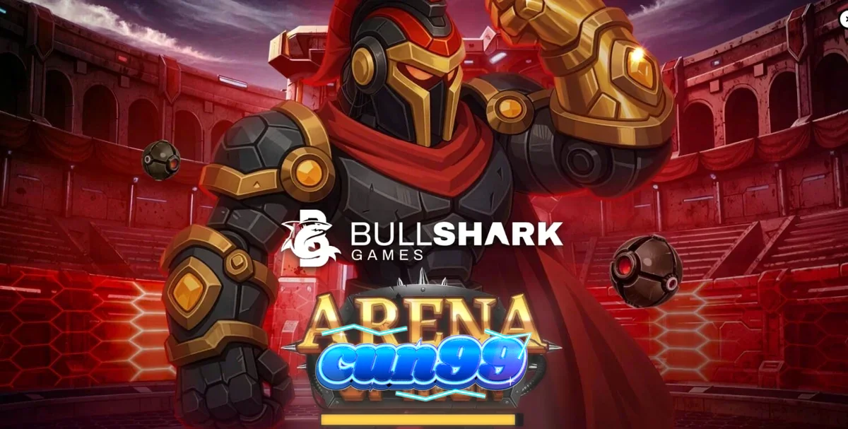 Tampilan visual futuristik dari slot Arena of Iron dengan latar belakang arena gladiator robot.